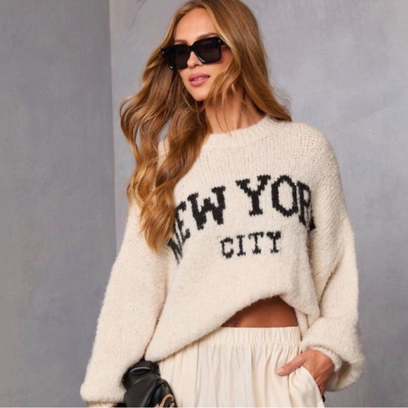Sweaters - VICI New York City Sweater Women's Cream Sweater with Black Lettering
